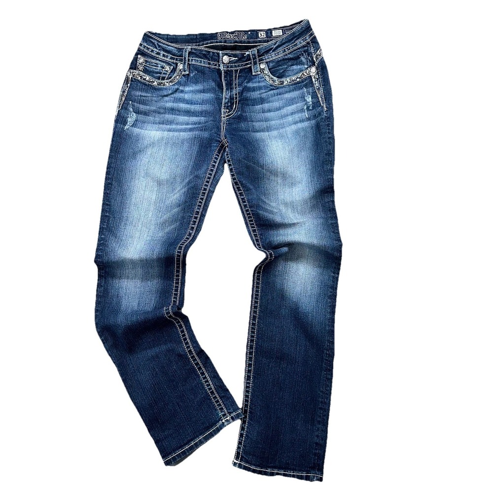 Miss Me Straight Jeans Womens 32 Blue Excellent Embellished Mid Rise MP7205T3